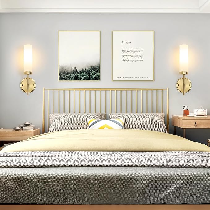 Gold Wall Sconces, Modern Bathroom Vanity Light Fixtures, Sconces Wall Decor Set of 2, Wall Lamps with Frosted Glass, Indoor Wall Lights for Bedroom Living Room Hallway