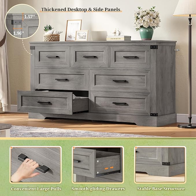 Hasuit Farmhouse 7 Drawers Dresser for Bedroom, Wooden Long Dresser Chest of Drawers with Thick Styling, Large Capacity Closet Storage Dressers Organizer, Wide Dressers for Bedroom, Hallway, Oak Gary