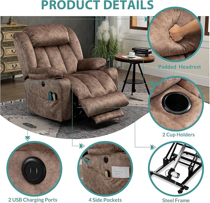 MEETWARM Large Power Lift Electric Recliner Chair with Extended Footrest for Big Tall Man, Overstuffed Wide Recliner with Heat and Massage, 2 Remote Controls/4 Side Pockets/USB Ports(Plush-Brown)