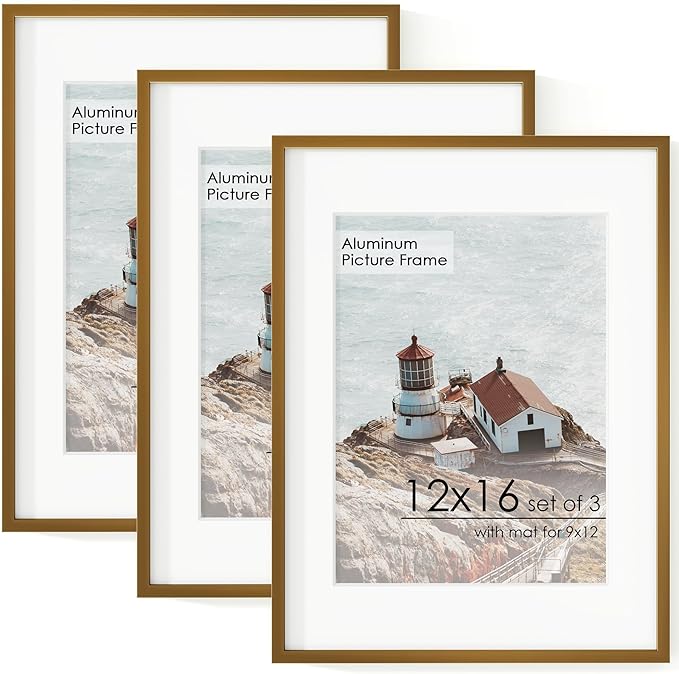 12x16 Metal Picture Frame For Wall With Mat For 9x12, 12''x16'' Aluminum Certificate Document Frames With Tempered Glass, Minimalist Modern Poster Frame Horizontally And Vertically, 3 PCs, Bronze