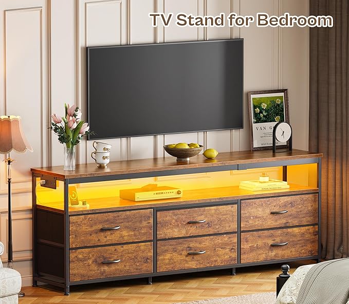 Huuger 63 Inch TV Stand for 55, 65, 70 Inch TV, Long Dresser TV Stand for Bedroom, LED TV Stand with Power Outlets, Rustic Fabric Drawer Dresser with Storage, Entertainment Center for Living Room