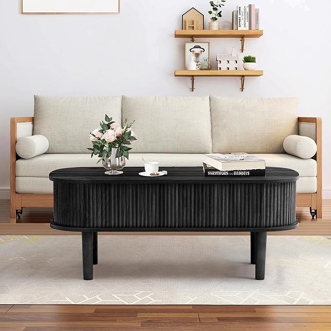 Fluted Lift Top Coffee Table with Hidden Compartment, Fully Assembled Wooden Center Table, Modern Oval Lift Tabletop for Home Living Room Office, Black