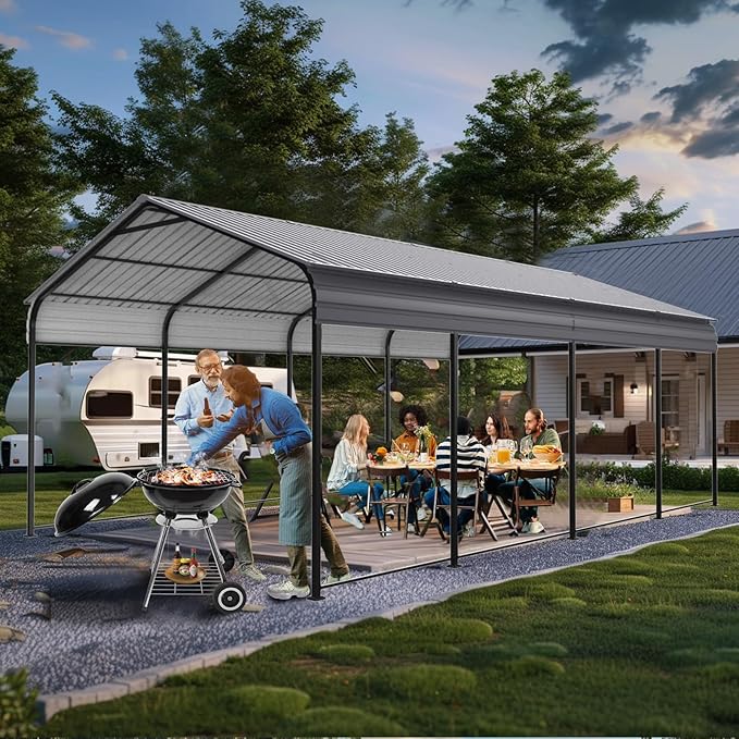 Metal Carport 12 ×20 FT Heavy Duty with Galvanized Steel Roof, Metal Garage Canopy with Galvanized Steel Roof & Frame, Car Tent Outdoor Storage Shed for Car, Boats and Truck, Gray