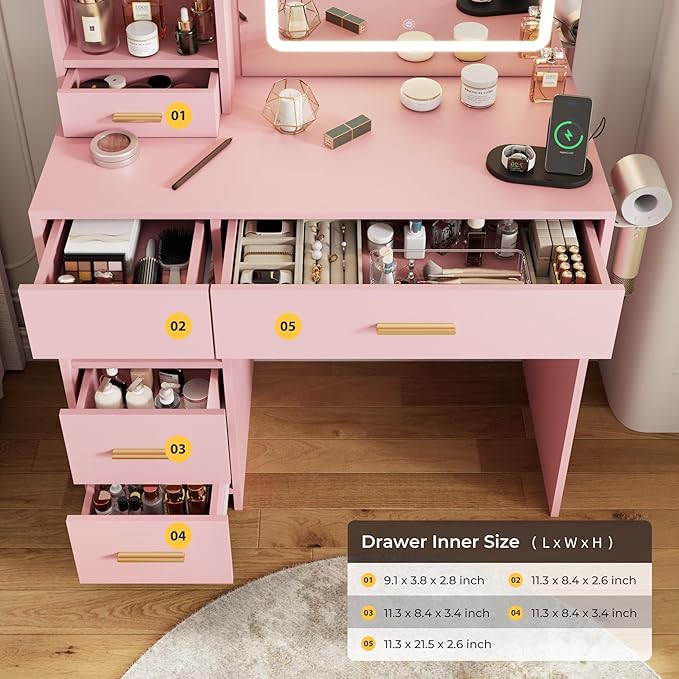 Vanity Desk with Mirror and Lights, 3 Lighting Colors and Power Outlet Makeup Vanity Desk with 5 Large Drawers and 3 Storage Shelves, Pink Vanity with Storage Stool for Bedroom