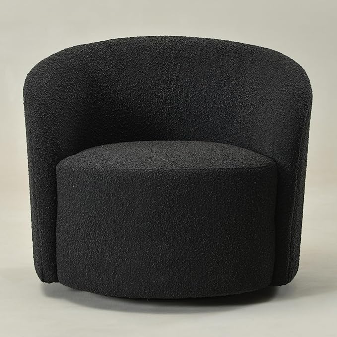 KINWELL 34" Boucle Swivel Barrel Chair with 18" Round Ottoman Set, Fully Assembled Set of Sherpa Accent Chair and Footrest, Modern Comfy Armchair and Footstool for Living Room and Bedroom, Black