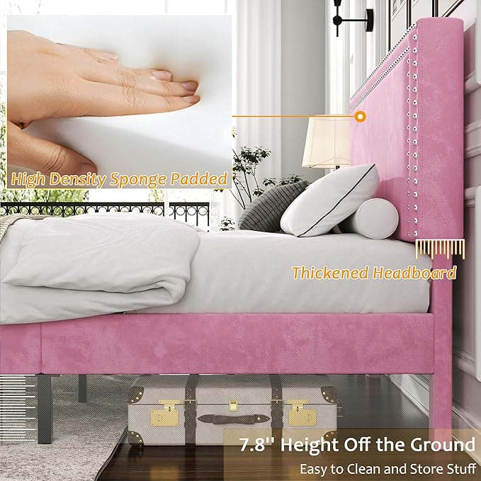 VECELO Queen Size Bed Frame with Adjustable Upholstered Headboard, Wooden Slats Platform, Noise-Free Design, No Box Spring Needed, Easy Assembly