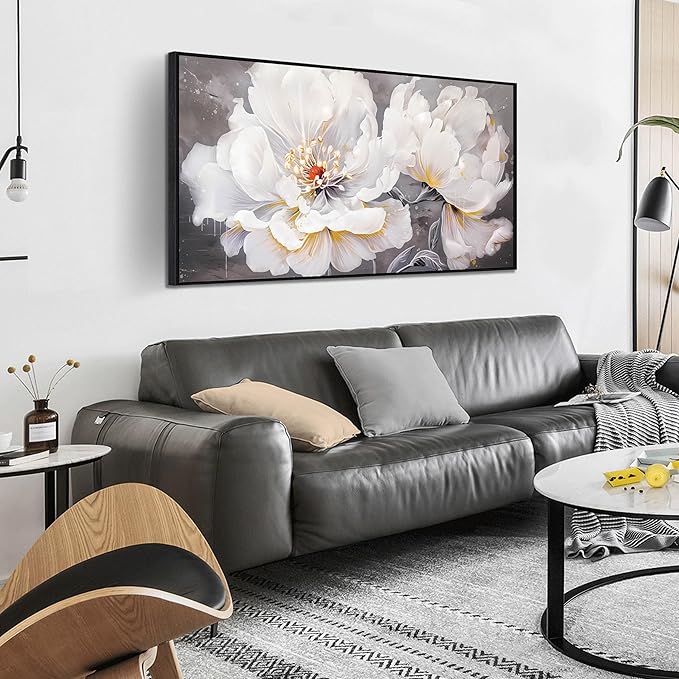 White Flower Painting Wall Decor for Living Room - Modern Framed Wall Art Bedroom - Home Decor for Women Ready to Hang Size 24" x 48"