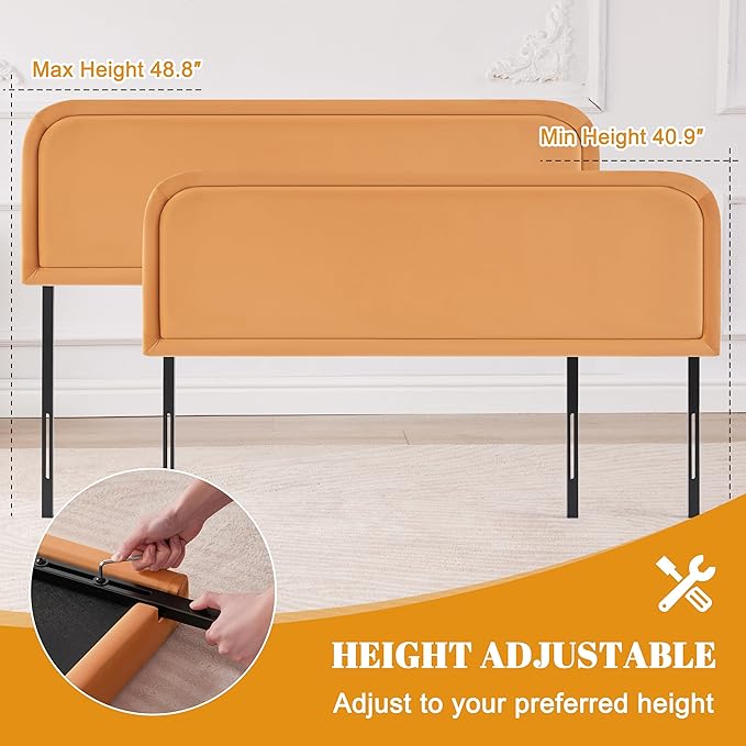 Velvet Fabric Headboard Queen, Upholstered Headboard Queen Size Only, Dorm Bed Headboards from 41” to 49” Height, Sturdy and Durable Solid Wood Bed Head Board, Orange