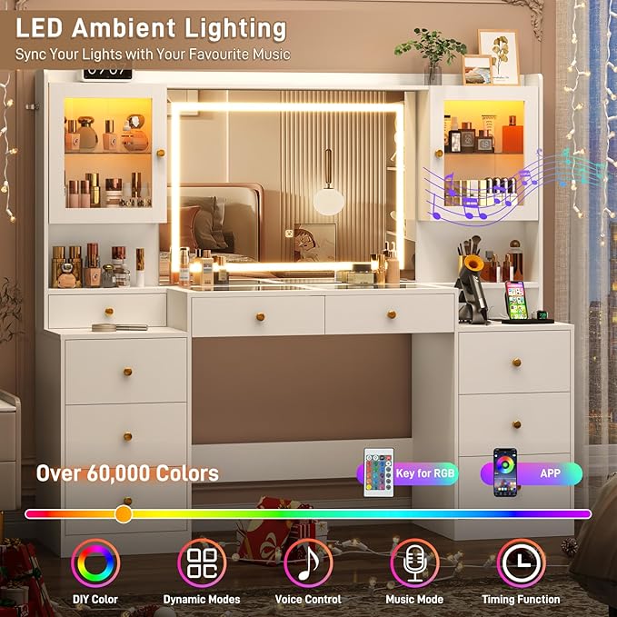 Large Vanity Desk w/60000-color LED Lights,Tempered Glass Top,Outlet,62inch White Makeup Vanity Table w/ 3 Lights Mode Mirror & Lights,9 Drawers,2 RGB Cabinet,LED Dressing Table for Women