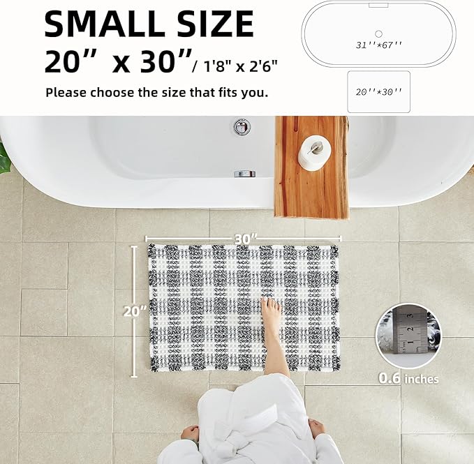Waffle Bath Mat, Boho Bathroom Rugs Non Slip Washable Absorbent Checkered Bathroom Mat Quick Dry Farmhouse Bathroom Decor, 30"x20" Black and White