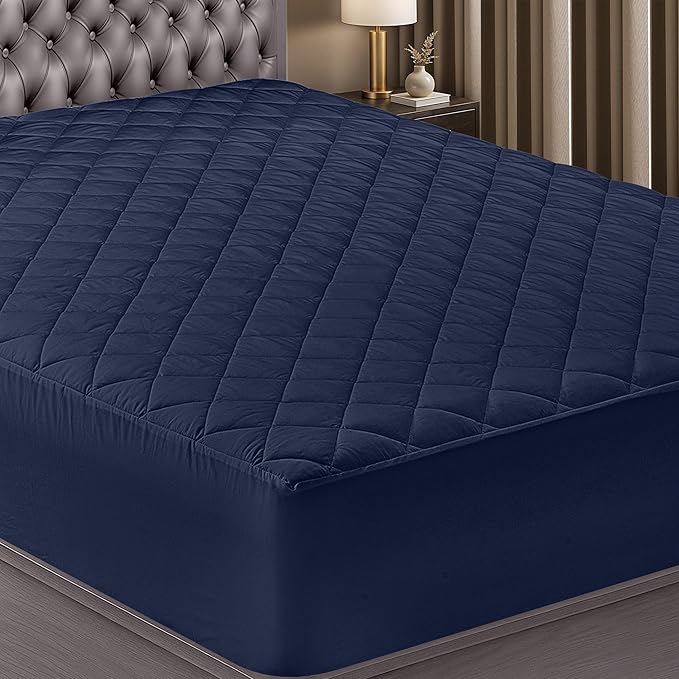 Utopia Bedding Quilted Fitted Mattress Pad, Twin Size, Elastic Fitted Mattress Topper Protector and Cover Stretches up to 16 Inches Deep, Machine Washable (Navy)