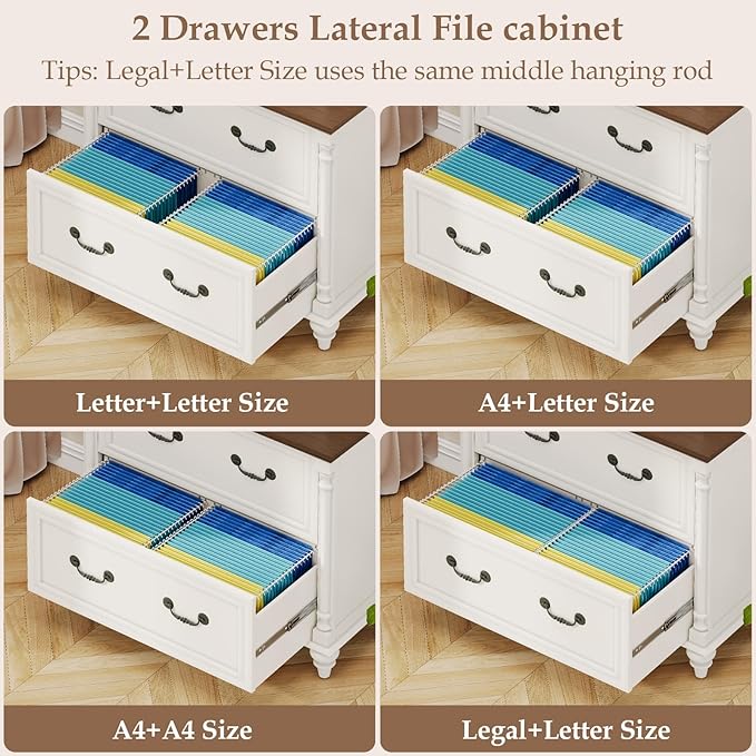 Farmhouse Lateral File Cabinet 2 Drawers File Cabinet for Legal/Letter/A4 Size Hanging Files, Large Wood File Storage Cabinets Printer Stand for Home Office Cabinet, White