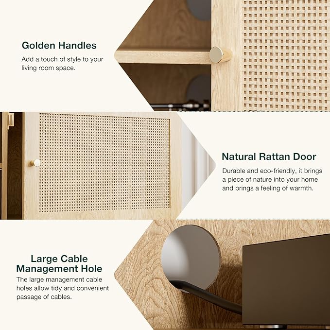 TV Stand for TVs up to 65'', Entertainment Center With Rattan Door, Shelves & 2 Cabinets, Long Boho Media Console for Living Room, Natural