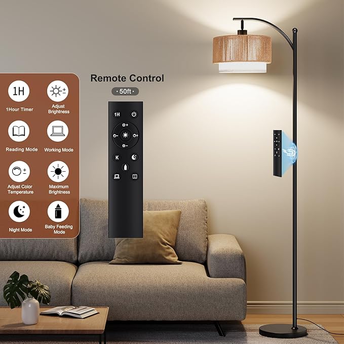 SUNMORY Floor Lamps for Living Room with 12W Remote and Dimmable Bulb, LED Arc Lamp, Farmhouse Floor Lamps with Adjustable Rattan & Fabric Shades, Boho Standing Lamp for Bedroom, Corner, Home Decor
