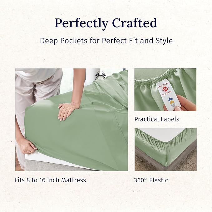California Design Den Hotel Quality Full Size Sheets Set - Luxury 600 Thread Count Sateen, Natural 100% Cotton Bed Sheets, Fully Elasticized Deep Pockets, Crisp, Cool and Durable - Laurel Green