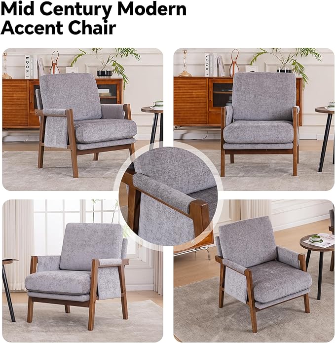 Mid Century Modern Accent Chair with Wood Frame, Upholstered Living Room Chairs with Wide Armrest, Chenille Fabric Lounge Reading Arm Chair for Bedroom, Reading Room, Balcony, Gray
