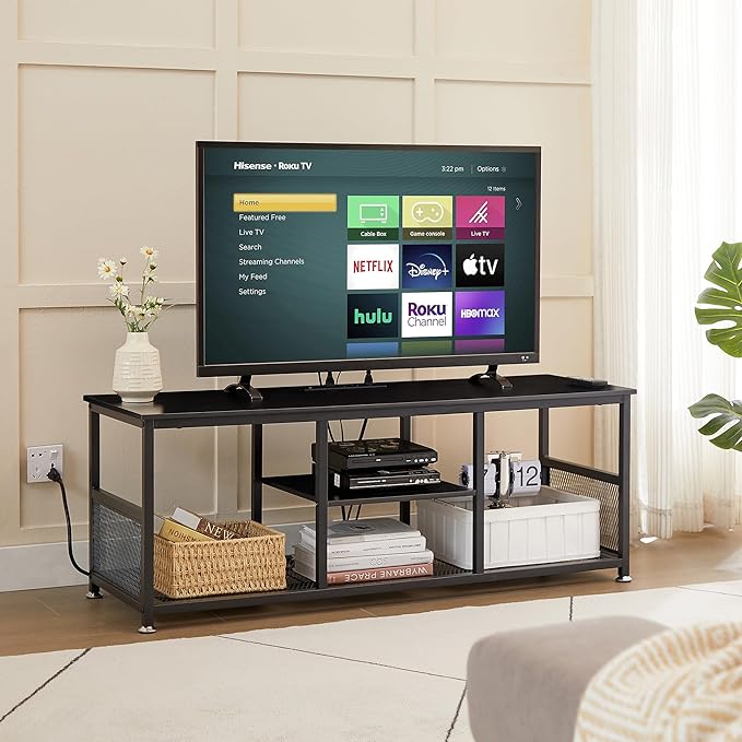 VECELO TV Stand with Power Outlets for Televisions up to 55 Inch, 47" Media Entertainment Center with Charging Station 3-Tier Open Storage Shelves with Metal Frame for Living Room/Bedroom，Black