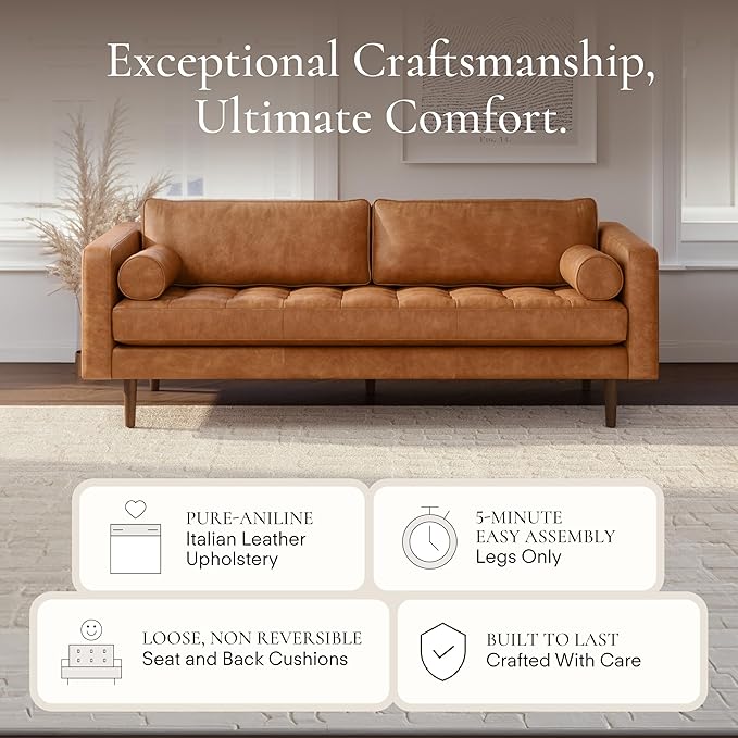 Poly & Bark Napa Leather Couch - 88.5-Inch Office Sofa with 2 Bolsters - Full-Grain Leather Sofa for Living Room with Feather-Down Topper - Living Room Couch - Vintage Italian Leather in Cognac Tan