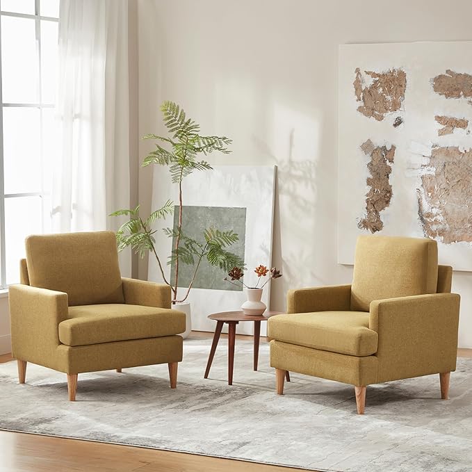 VKNOW Mid-Century Accent Chair, Modern Upholstered Chenille Armchair for Living Room,Comfy Reading Accent Chairs with Wood Legs for Bedroom, Yellow Polyester