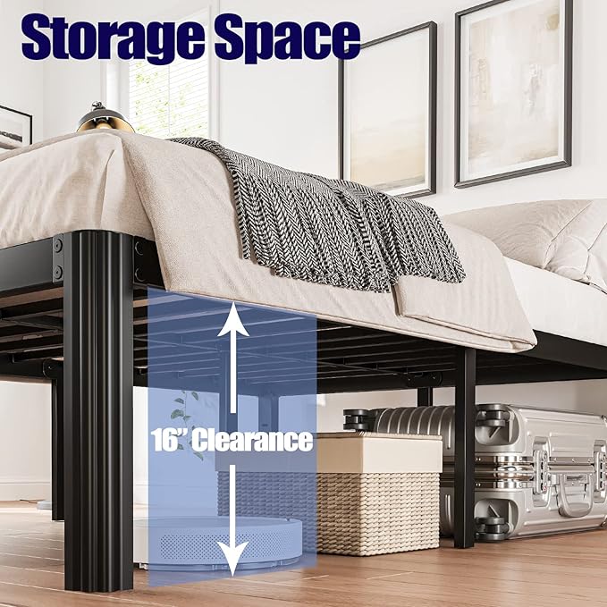 18in High Queen Bed Frame No Box Spring Needed, Heavy Duty Metal Platform Bed Frame Queen Size with Round Corners, Easy Assembly, Noise Free, Black