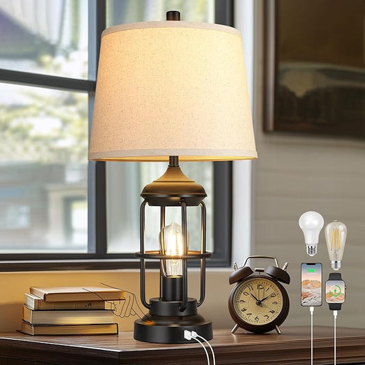 QiMH Table Lamp for Bedroom with USB A+C Ports, Farmhouse Bedside Lamp with Night Light, 3-Way Dimmable Touch Control, Rustic Industrial Nightstand Lamp for Living Room,Bulbs Included,Black, 1 Pack