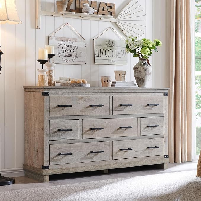 T4TREAM Farmhouse 7 Drawers Dresser for Bedroom, 54" Wide Wood Chest of Drawers w/Natural Texture & Metal Handle, Rustic Storage Dressers Organizer for Living Room, Hallway, Light Rustic Oak