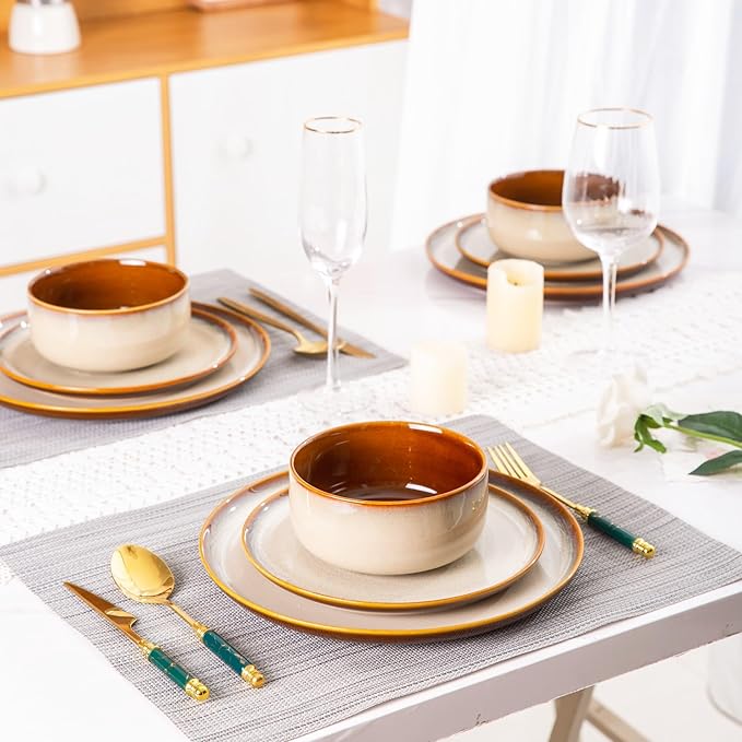 LERATIO Ceramic Dinnerware Sets for 8,Plates and Bowls Sets,Reactive Glaze Dishes Set,Highly Chip and Crack Resistant | Dishwasher & Microwave & Oven Safe Dishes set,Service for 8-Kahki (24pc)