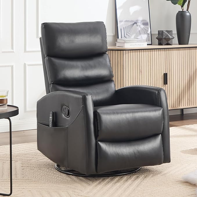 PELUMY Massage Recliner Chair with Heat - Manual Rocker Swivel Recliner, 360° Rotation & 155° Recline for Living Room（Breathable Leather, Black）