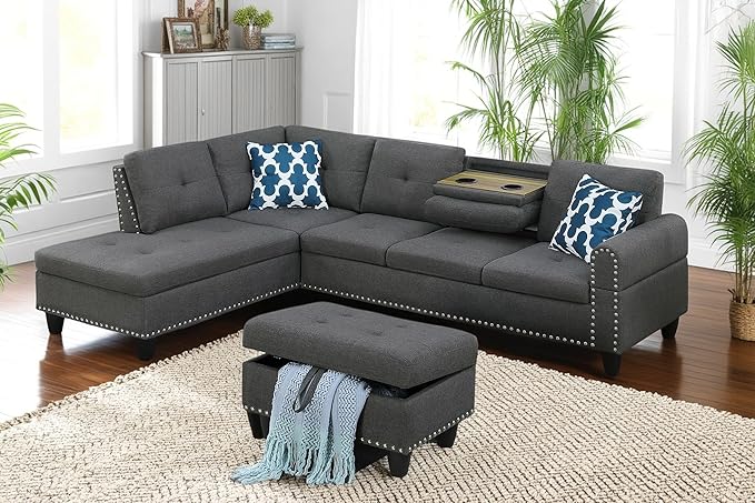 98 Inch L Shaped Sectional Sofa with Chaise Lounge, Storage Ottoman and 2 Pillows, 4-Seaters Linen Upholstered Tufted Couch w/Cupholder & Nailhead Trim for Living Room, Office, Dark Gray