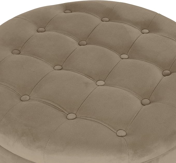 HomePop Home Decor | Button Tufted Velvet Round Storage Ottoman | Ottoman with Storage for Living Room & Bedroom, Fawn Velvet