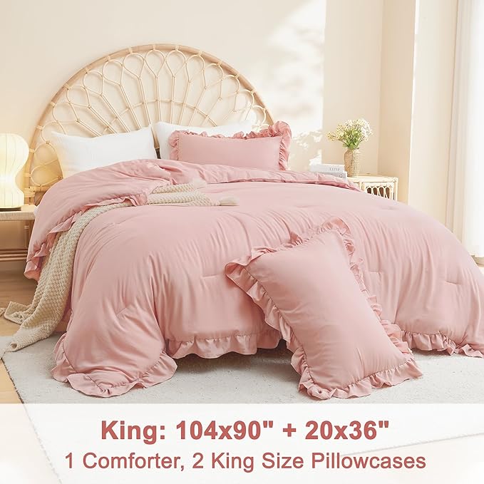 Litanika Full Size Comforter Sets, 3 Pieces Blush Pink Ruffle Girls Women Cute Bedding Comforters & Sets, Lightweight Fluffy Microfiber as Gift (79x90In Comforter & 2 Pillowcases)