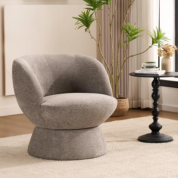 360° Swivel Boucle Bucket Chair, Accent Barrel Makeup Vanity Chair Modern Lounge Single Sofa with Padded Armrest for Dining Room, Living Room, Bedroom and Home Office. (Gray)