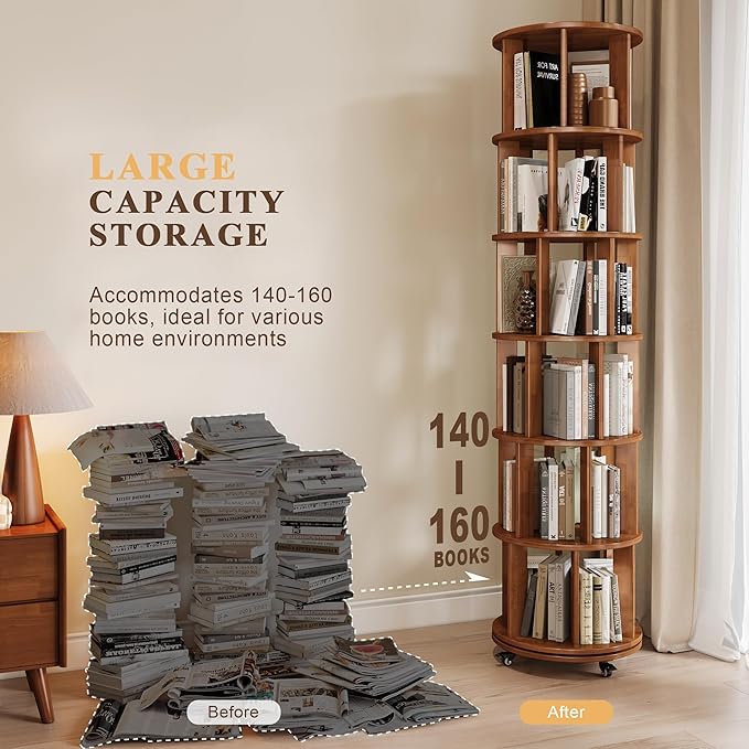 6 Tier Bookshelf Tower, 360° Solid Wood Spinning Bookcase with Swivel Wheels, Floor Standing Book Shelf for Small Space, Bookshelf for Home Office Study Room Bedroom Living Room