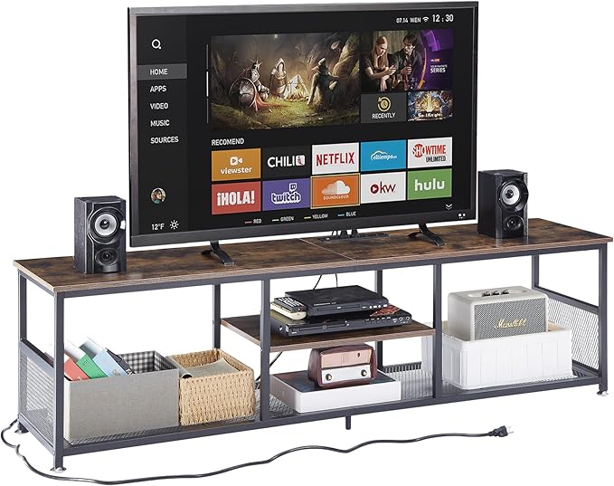 VECELO TV Stand with Power Outlets for Televisions up to 75Inch, 62" Media Entertainment Center with Charging Station 3-Tier Open Storage Shelves with Metal Frame for Living Room/Bedroom，Brown
