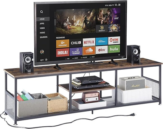 VECELO TV Stand with Power Outlets for Televisions up to 75Inch, 62" Media Entertainment Center with Charging Station 3-Tier Open Storage Shelves with Metal Frame for Living Room/Bedroom，Brown