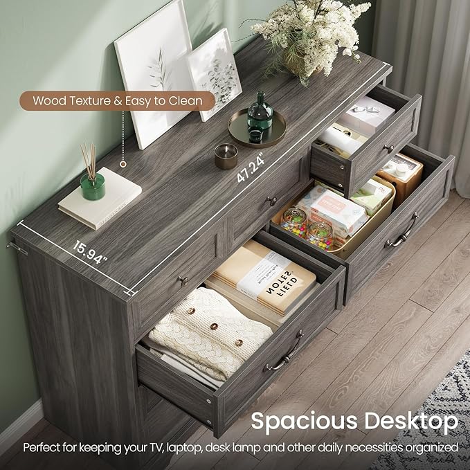 DICTAC Farmhouse 9 Drawers Dresser for Bedroom, Wide Dressers Chest of Drawers, Large Storage Closet Organizer with Natural Texture and Vintage Metal Handle, Wooden Dresser TV Stand for Living Room