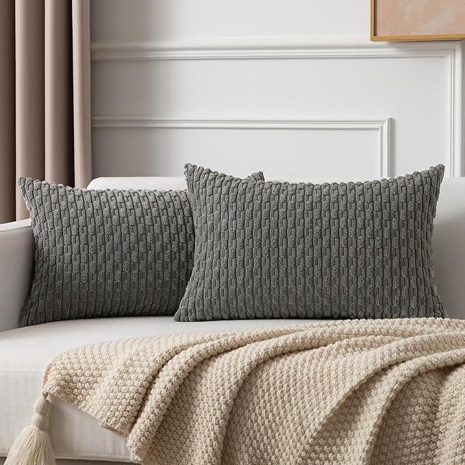 Kevin Textile Velvet Pillow Covers Striped Decorative Throw Cushion Case with Hidden Zipper for Home Couch/Bedroom/Car Soft Cozy Solid Oblong Cushion Cover 2 Pieces (12x20 Inch Dark Grey)