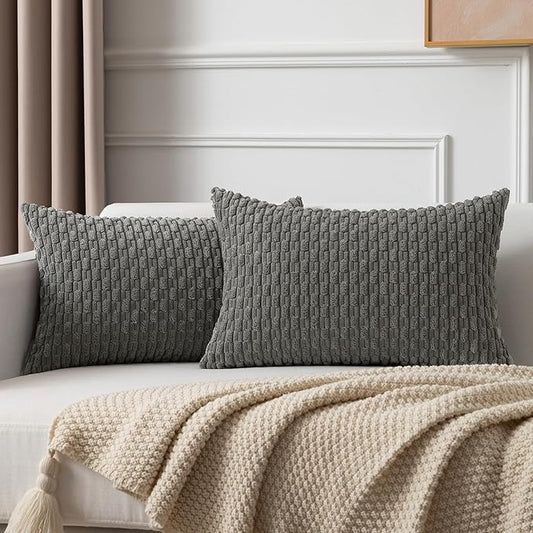 Kevin Textile Velvet Pillow Covers Striped Decorative Throw Cushion Case with Hidden Zipper for Home Couch/Bedroom/Car Soft Cozy Solid Oblong Cushion Cover 2 Pieces (12x20 Inch Dark Grey)