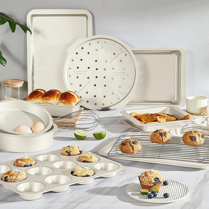 HONGBAKE Bakeware Sets, Baking Pans Set, Nonstick Oven Pan for Kitchen with Wider Grips, 10-Piece Including Rack, Cookie Sheet, Cake Pans, Loaf Pan, Muffin Pan, Pizza Pan -Cream