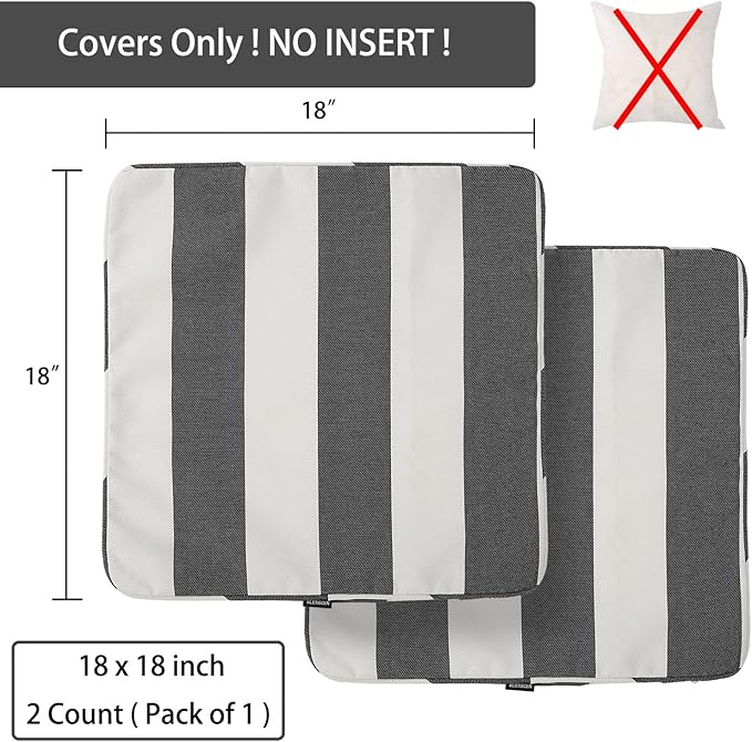 Outdoor Throw Pillow Covers 18x18 Inch, Set of 2, Cover Only! Waterproof Fade Resistant Decorative Cushion Sham Pillow Cases for Patio Furniture Chair Couch Sofa - Black Ivory Striped