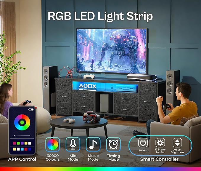 Huuger 63 Inch LED TV Stand Dresser with Power Outlets, USB-C Port and LED Lights, 10 Fabric Drawer Dresser for Bedroom, Long Entertainment Center for 65, 70 Inch TV, Open Shelves, PU Leather, Black