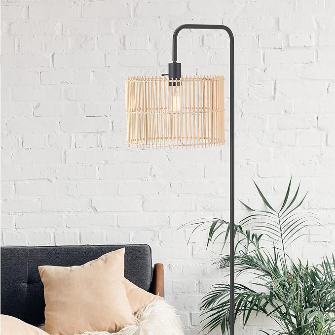 GLOBE Electric Barden 58" Floor Lamp, Matte Black, Bamboo Shade, On/Off Rotary Switch on Socket