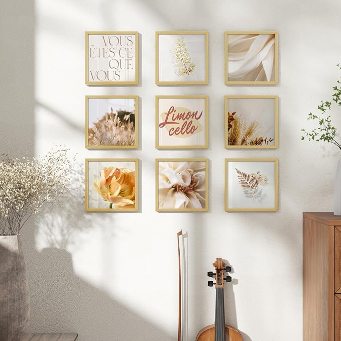 7x7 Metal Picture Frame - Gold Aluminum Square Frames with Real Glass, Wall Mounting Horizontally or Vertically, Simple and Elegant Decor for Wall Gallery Poster Photo Frames, Gold