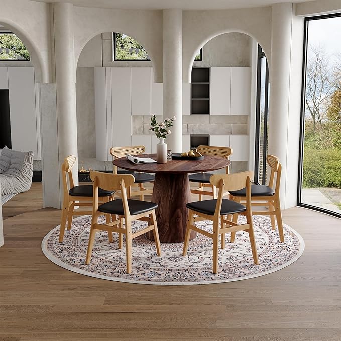 45 Inch Round Dining Table Set for 6, 7 Piece Kitchen Table and Chairs Set, Wooden Table with Walnut Finish, Small Space Dining Set for Apartment or Dining Room