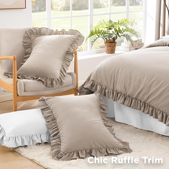 Litanika Light Coffee Full Size Comforter Sets, 3 Pieces Ruffle Farmhouse Aesthetic Bedding Comforter Sets, All Season Soft Lightweight Fluffy Microfiber Bed Set(79x90In Comforter, 2 Pillowcases)