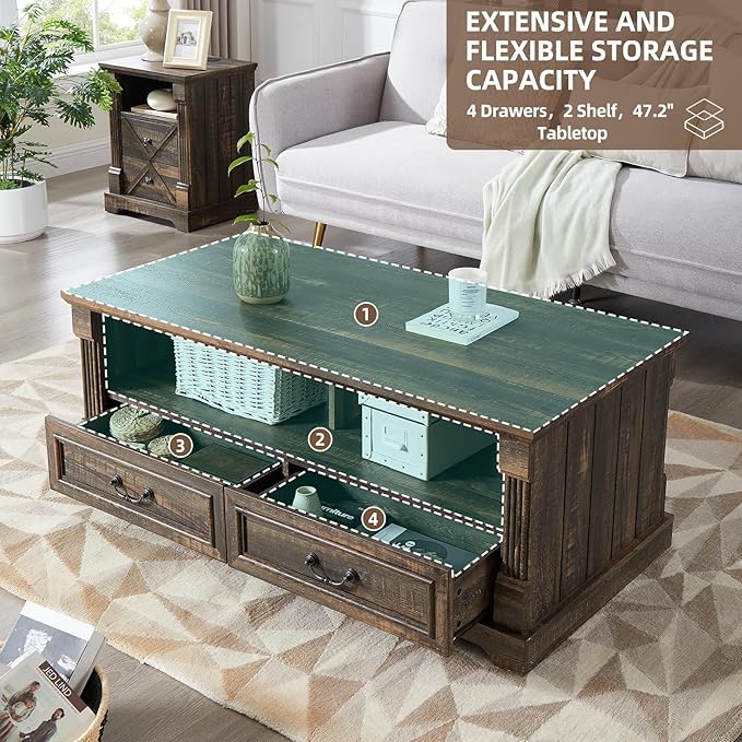 48'' Wood Coffee Table for Living Room, Farmhouse Coffee Table with Storage, Rustic Center Table for Living Room with 4 Drawers, Farmhouse & Industrial Cocktail Table for Home (Dark Rustic Oak)