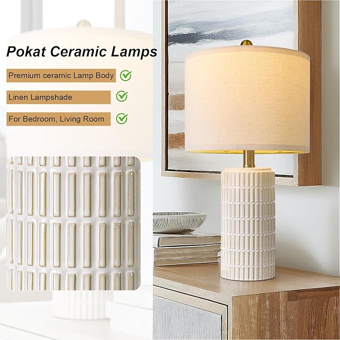 PoKat 20.75" Small Modern Ceramic Table Lamps Set of 2 for Bedroom, White Bedside Lamps for Night Stands, Farmhouse Desk Decor Nightstand Table Lamps for Living Room End Table Beige