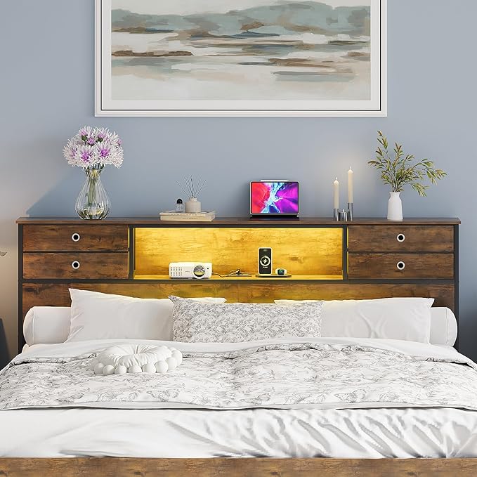 GiftGo King Size Headboard with 4 Fabric Storage Drawers Charging Station LED Light Adjustable Height Storage Rack Sturdy and Stable Metal Frame & Wood Shelf (Rustic Brown, King (U.S. Standard))