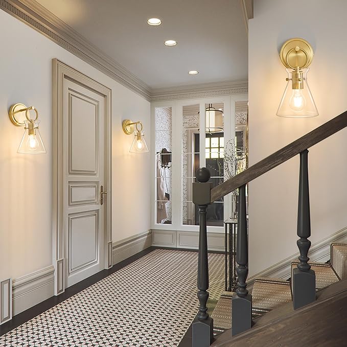 Gold Wall Sconce for Bathroom Modern Vanity Light Fixtures 1-Light Wall Mount Lighting Lamp Farmhouse Wall Lights with 6 Inch Clear Glass Shade for Bedroom Living Room Mirror Kitchen