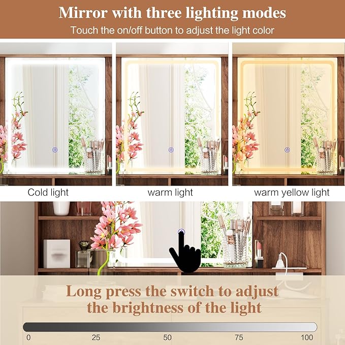 Makeup Vanity Desk with Mirror and Lights, Vanity Desk with 8 Drawers & Storage Shelves, Vanity Table with Power Outlet, 3 Color Modes & Adjustable Brightness Dressing Table, Bedroom,Brown